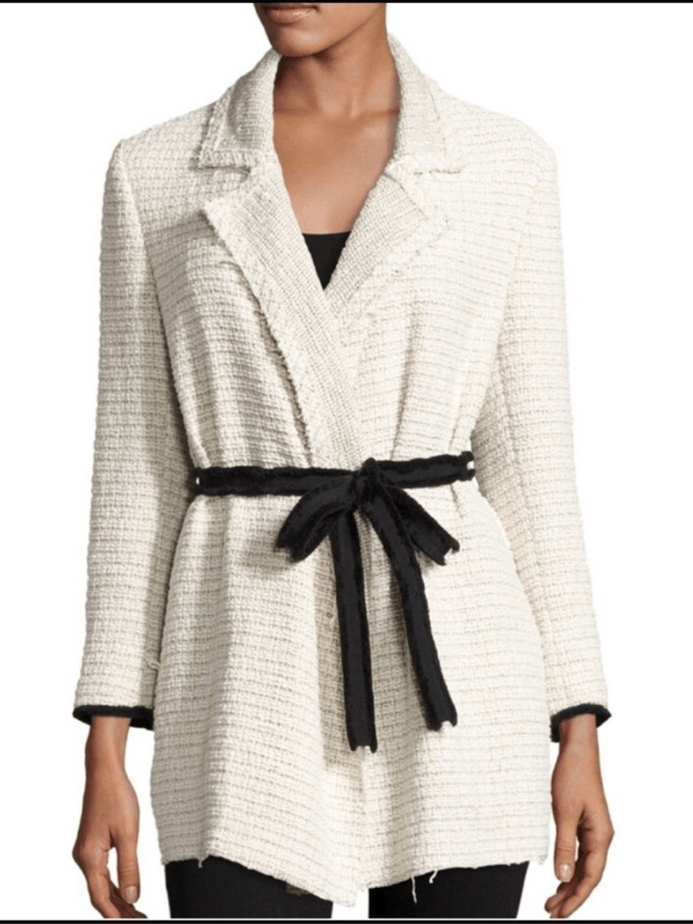 Theory Clairene Carson Tweed Belted Distressed Coat Beige Size Medium